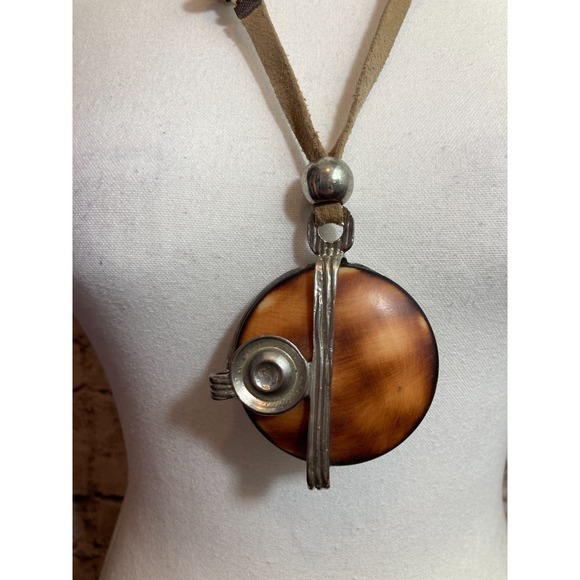 Artisan Pendant Necklace Silver Tone Beaded Chunky Artsy Brown Resin Statement - Picture 3 of 14